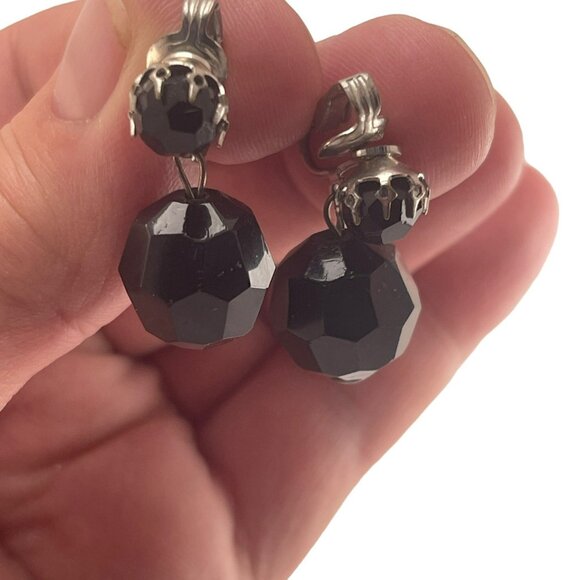 Western Germany Vintage Black Faceted Glass Clip-On Earrings 1950s - Picture 5 of 7